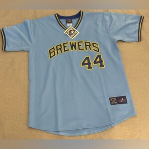 Hank Aaron NWT Milwaukee Brewers Blue Cooperstown Throwback Men Jersey Size L
